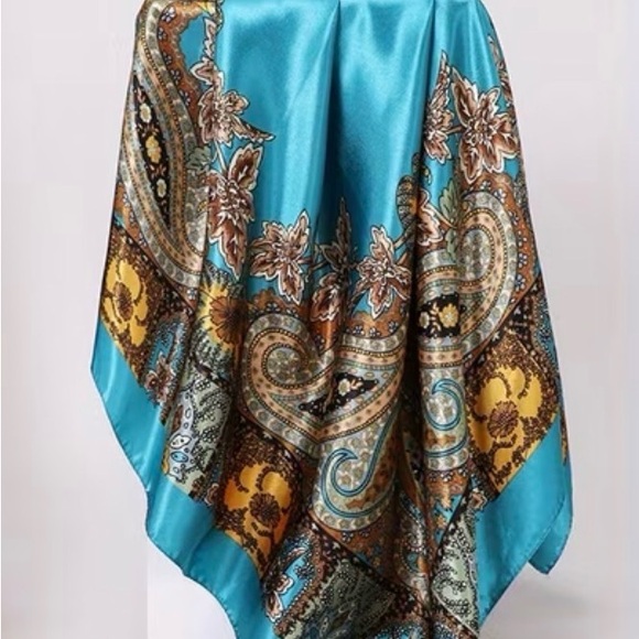 2/$40 Elegant Paisley Silk Scarf - Teal and Gold - Picture 2 of 2